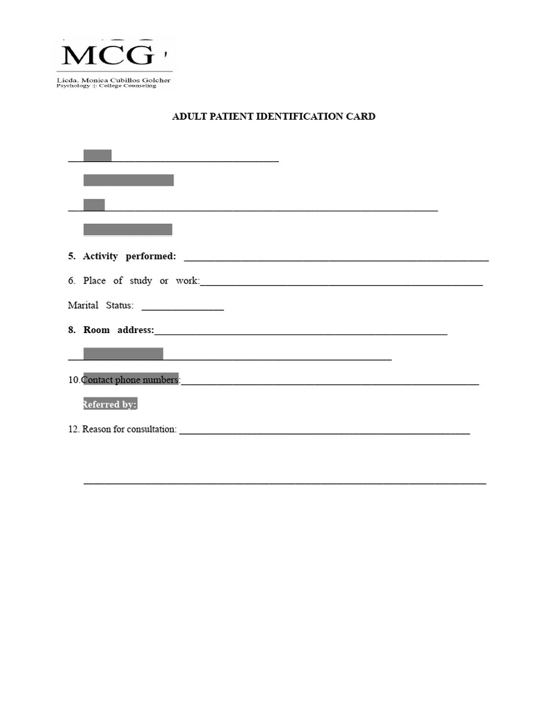 Adult Patient Identification Card Template | PDF