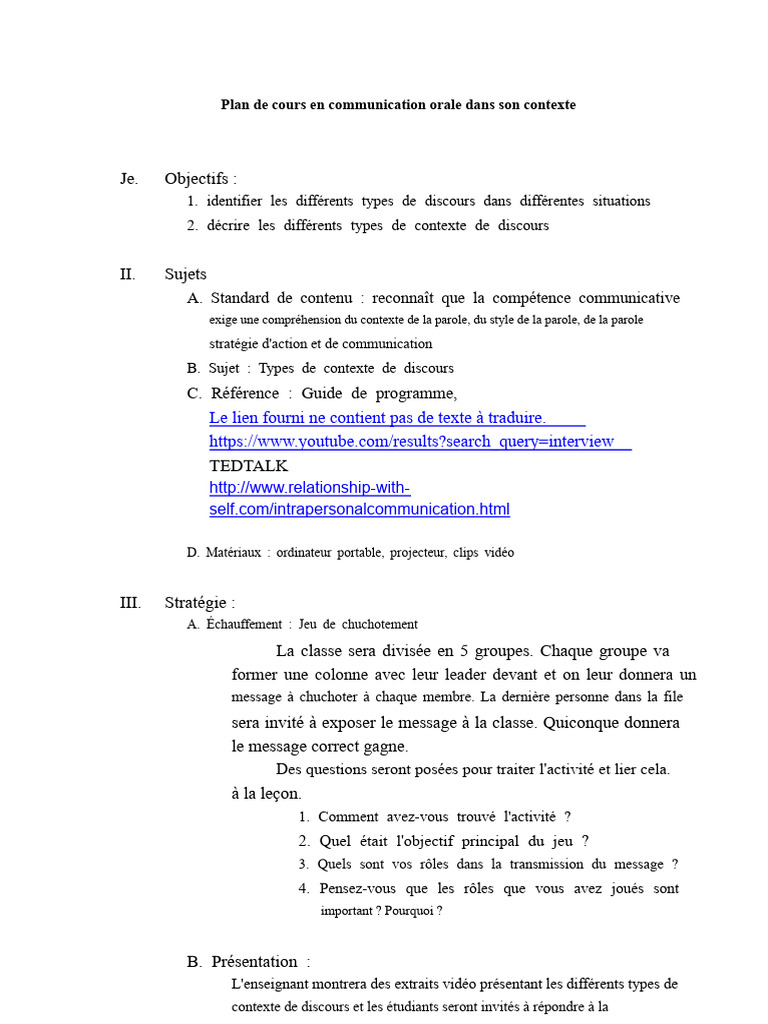 Plan de cours : Communication orale efficace | PDF