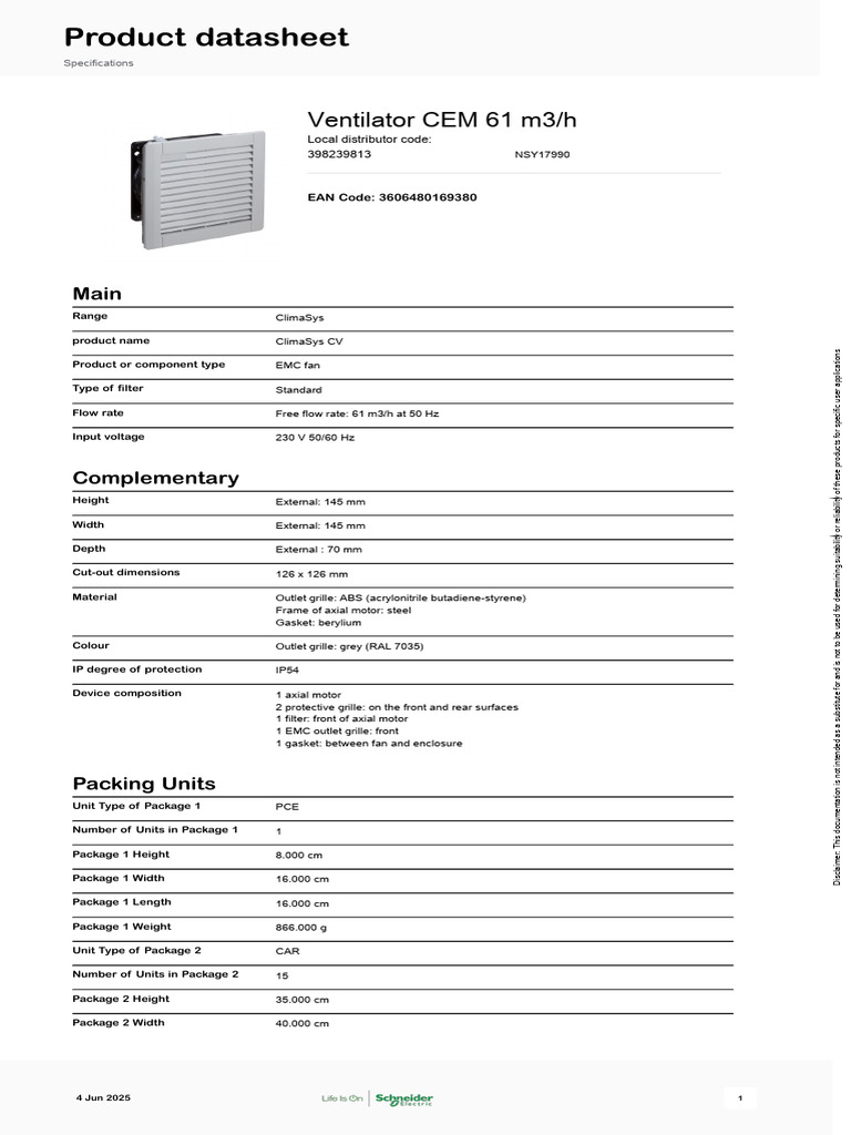 ClimaSys CV EMC Fan 61 m3/h Specs | PDF