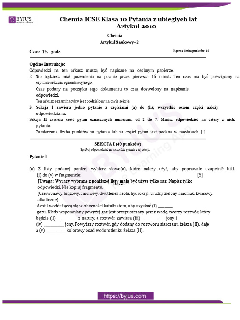 ICSE Klasa 10 Chemia Zestaw Pytań Z Roków Poprzednich 2010 | PDF