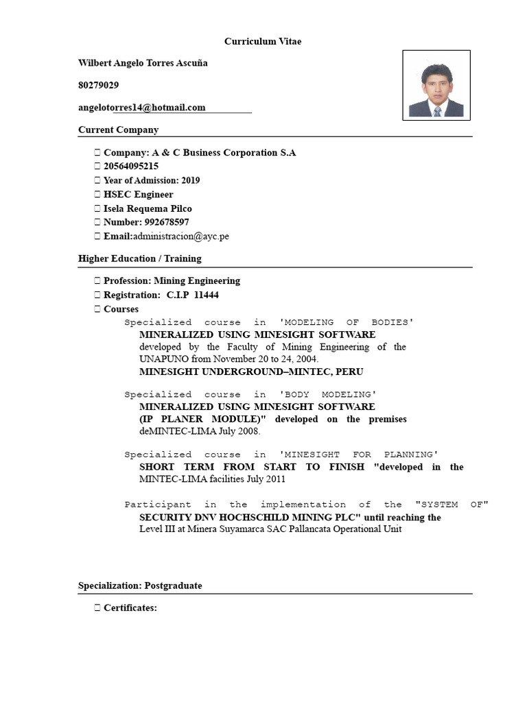 Mining Engineer CV: Wilbert Torres Ascuña | PDF | Occupational Safety ...