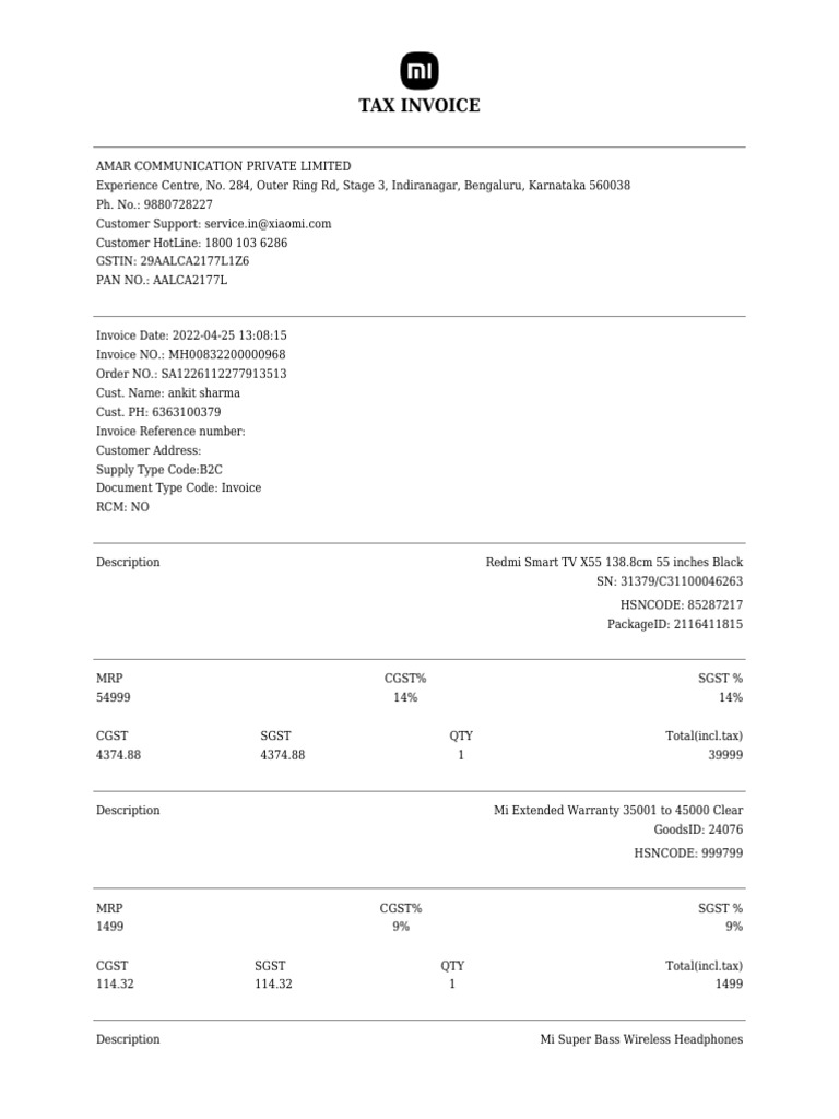 Xiaomi Tax Invoice for Ankit Sharma | PDF | Invoice | Payments