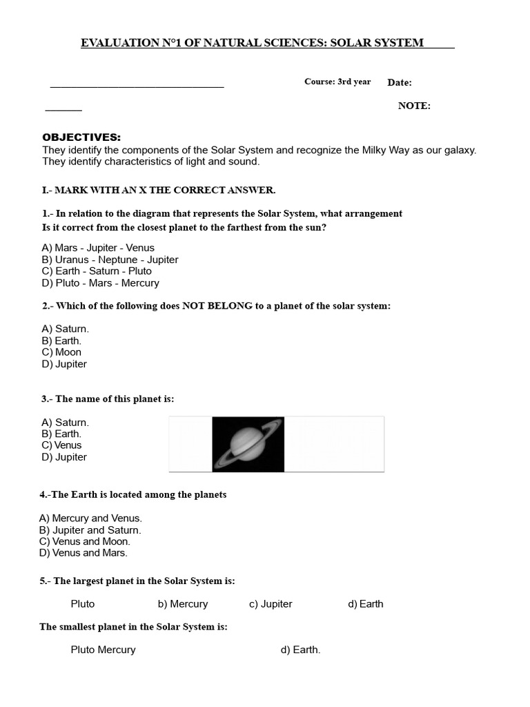 TEST N°1 SOLAR SYSTEM 3rd | PDF