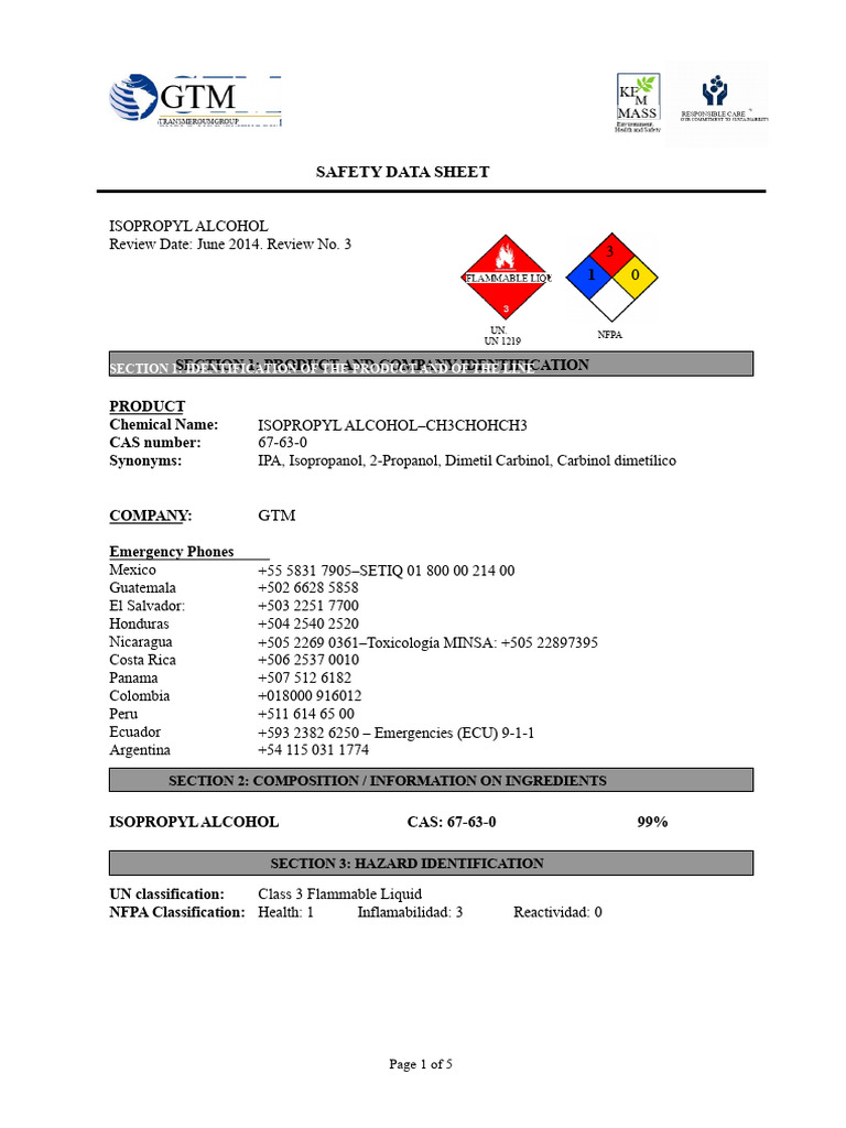 MSDS Isopropyl Alcohol PDF | PDF | Combustion | Water