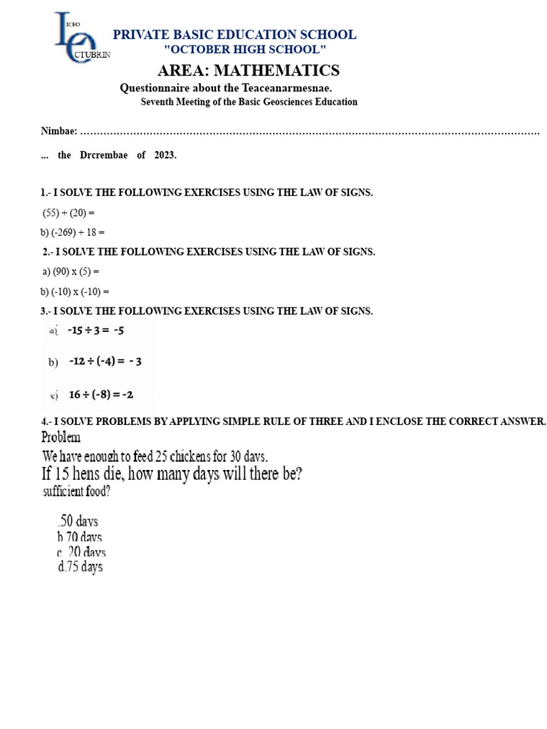 Math Questionnaire for October High School | PDF