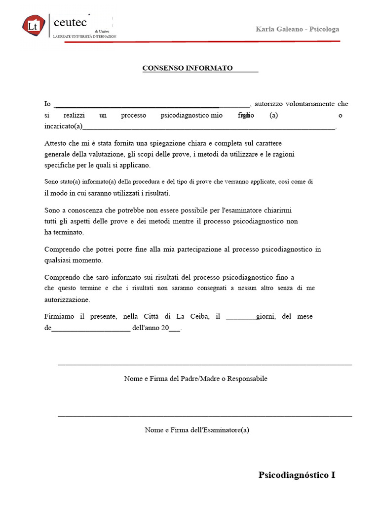 Formato Di Consenso Informato - Psicodiagnosi | PDF