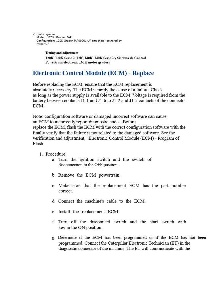 120K Grader ECM Replacement Guide | PDF | Electrical Connector | Clutch