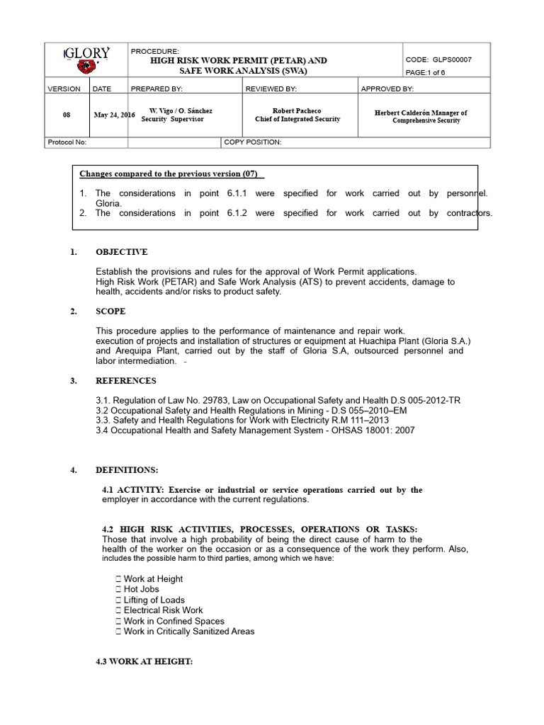 High Risk Work Permit Procedure | PDF | Occupational Safety And Health ...