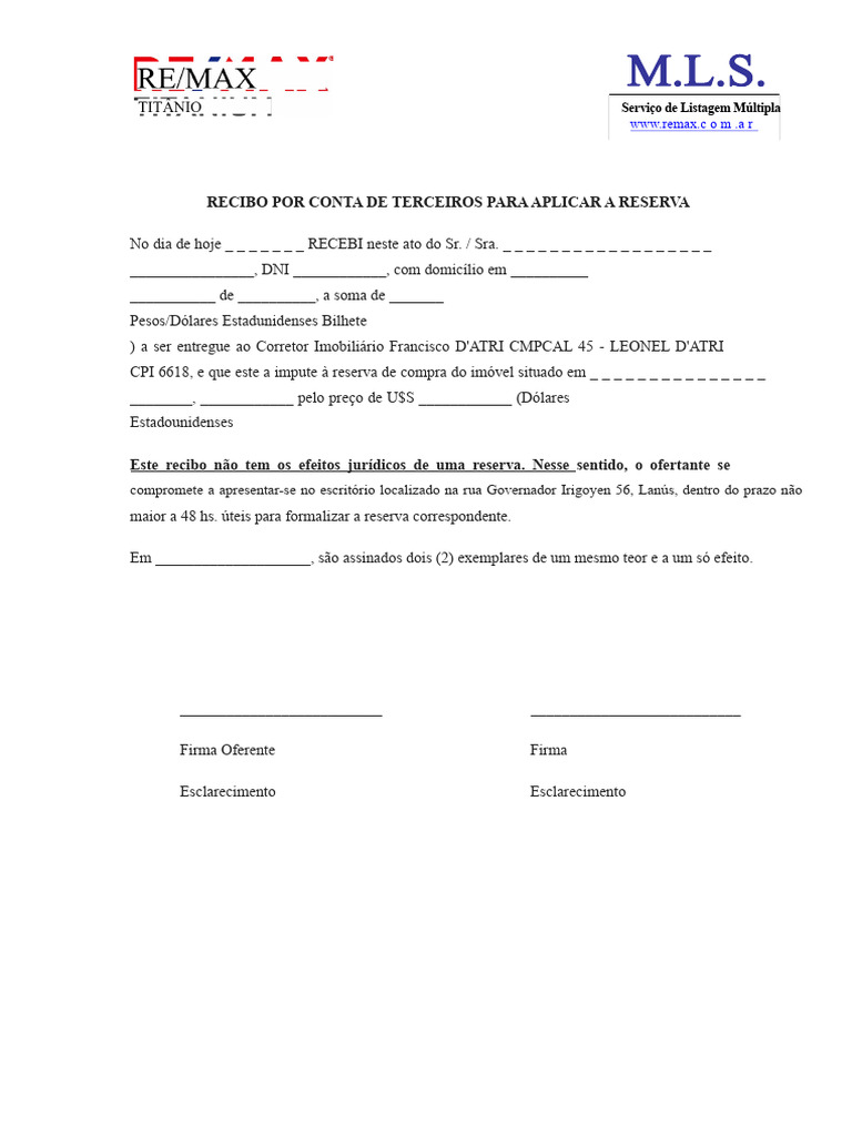 Recibo de Reserva Imobiliária | PDF