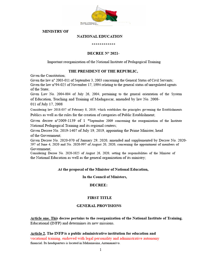 Draft Decree INFP July 1, 2021 | PDF | Board Of Directors | Budget