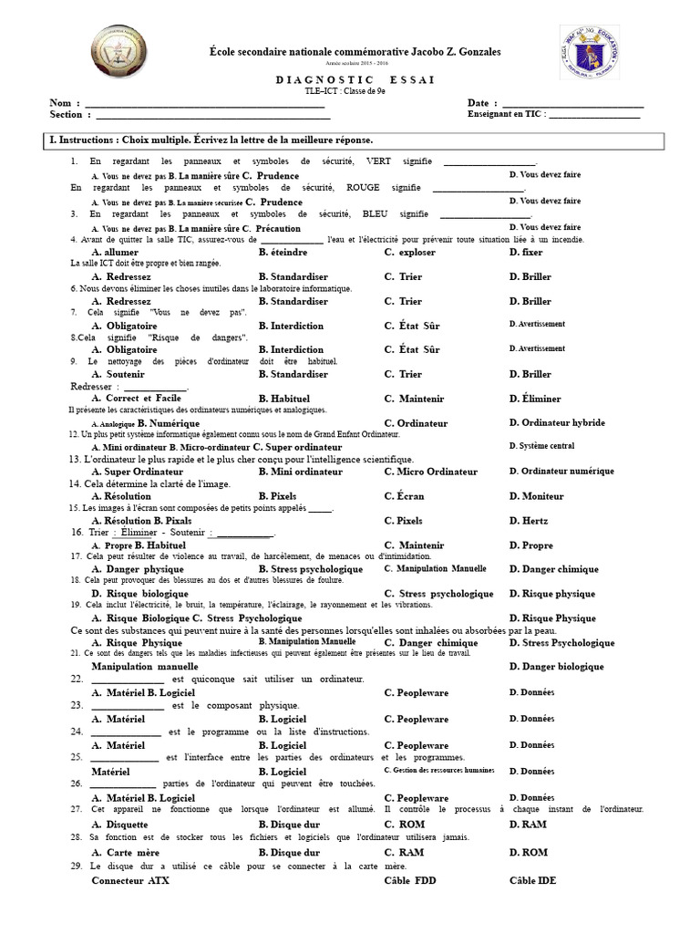 Test de Diagnostic en Classe de 9 Et 10 en Tic | PDF | Imprimante ...