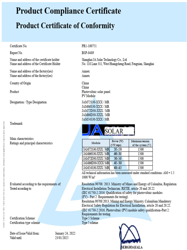 JA Solar Product Compliance Certificate | PDF | Solar Panel | Photovoltaics