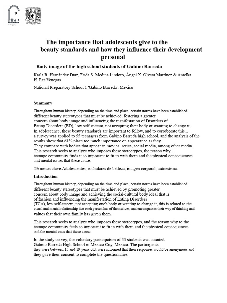 Adolescent Body Image and Beauty Standards | PDF | Adolescence | Self ...