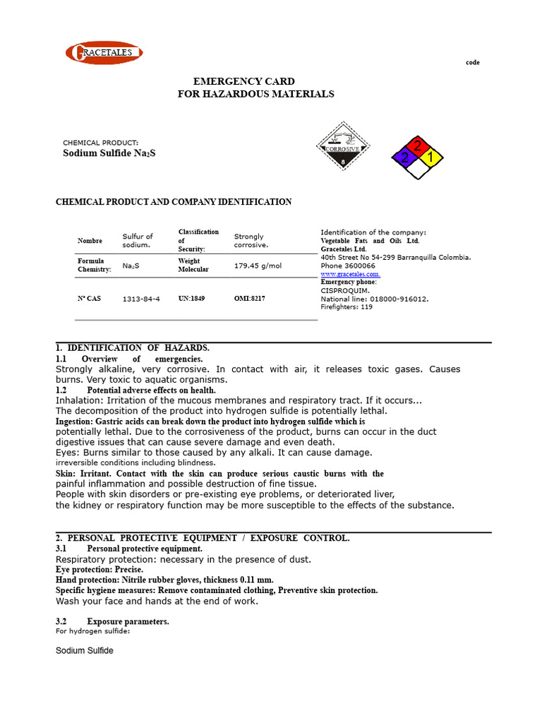 Sodium Sulfide. EMERGENCY CARD | PDF | Water | Sulfide