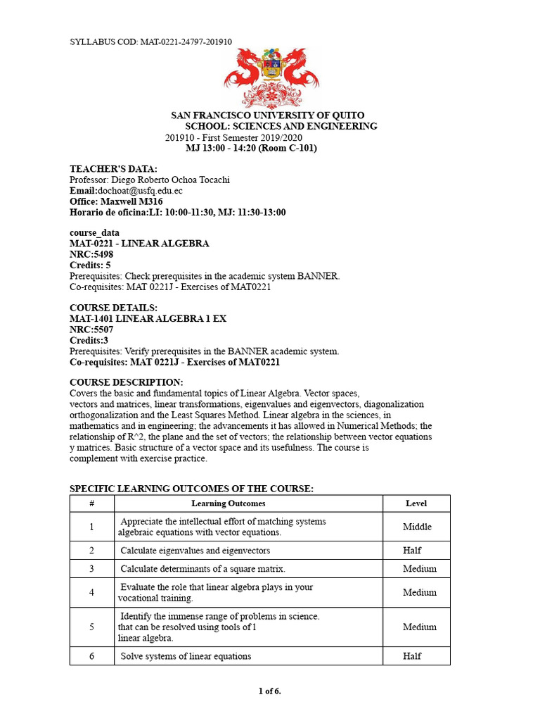MAT-0221 Linear Algebra Syllabus | PDF | Matrix (Mathematics) | Linear ...