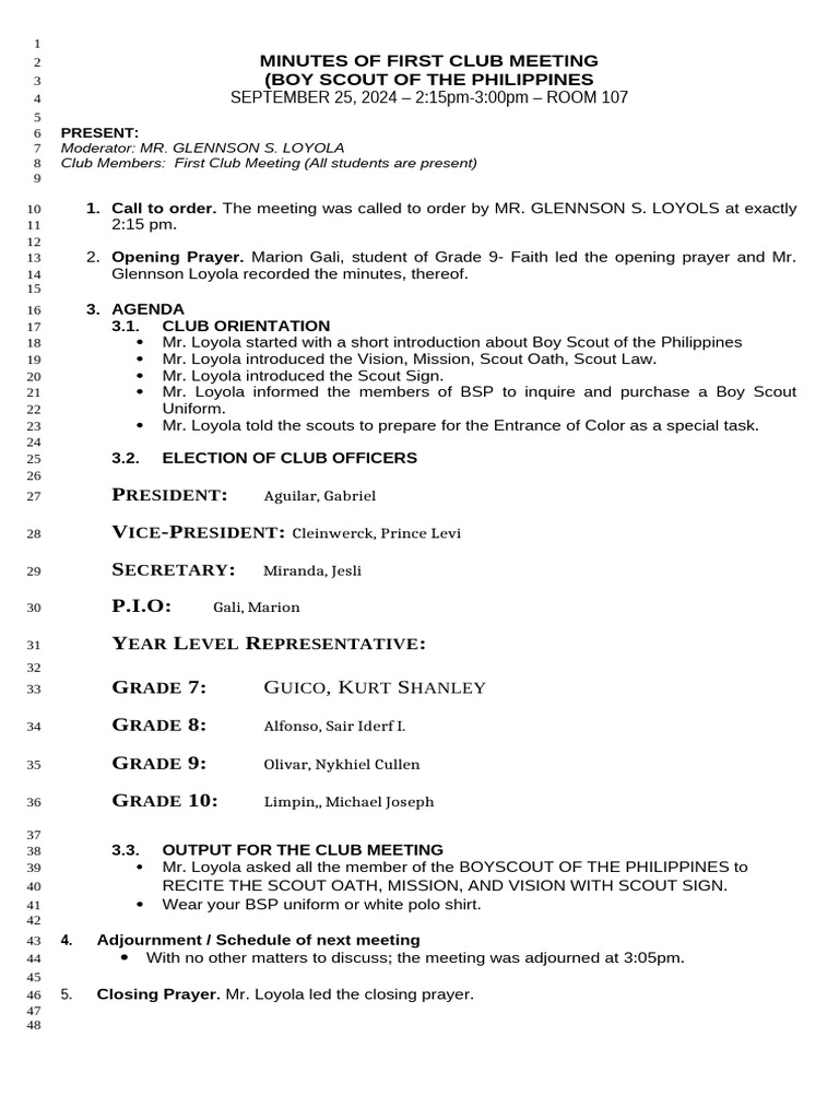 First Boy Scout Club Meeting Minutes | PDF