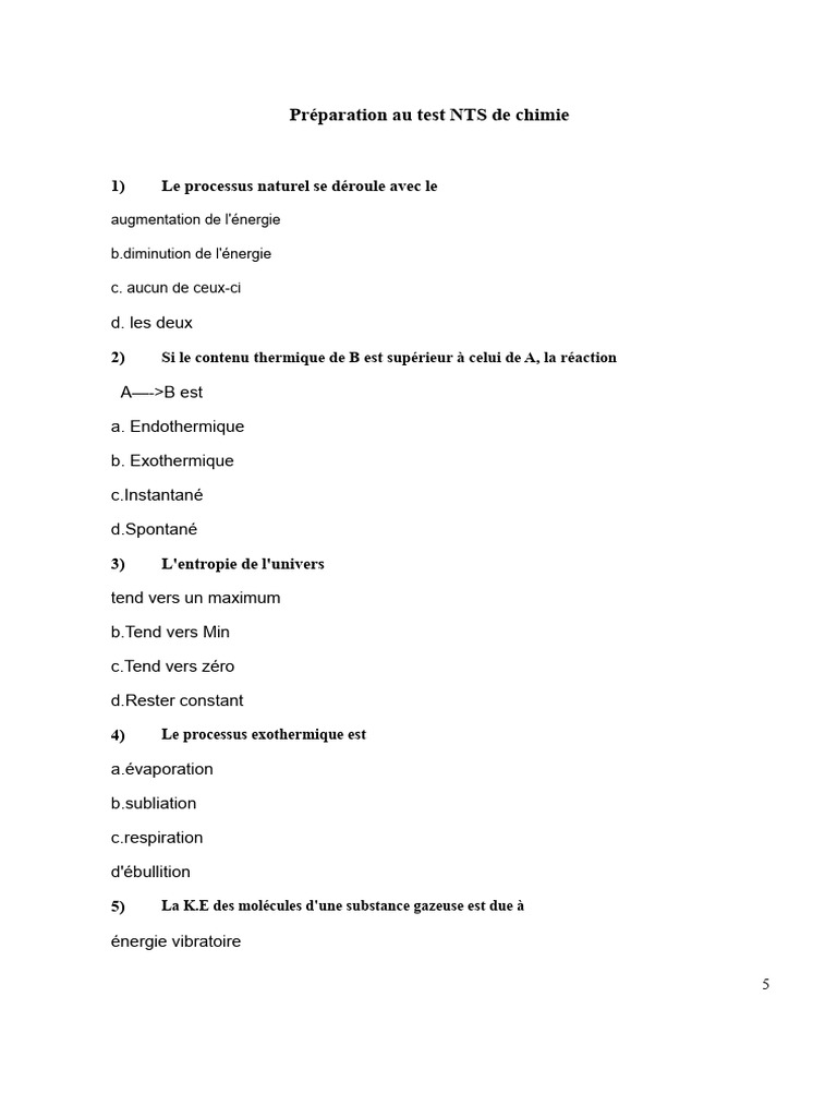 Test NTS de chimie : Questions clés | PDF | Enthalpie | Chaleur