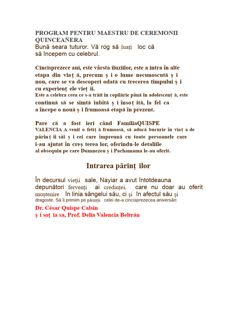 Program Pentru Maestru de Ceremonii Quinceanera Nayiara | PDF