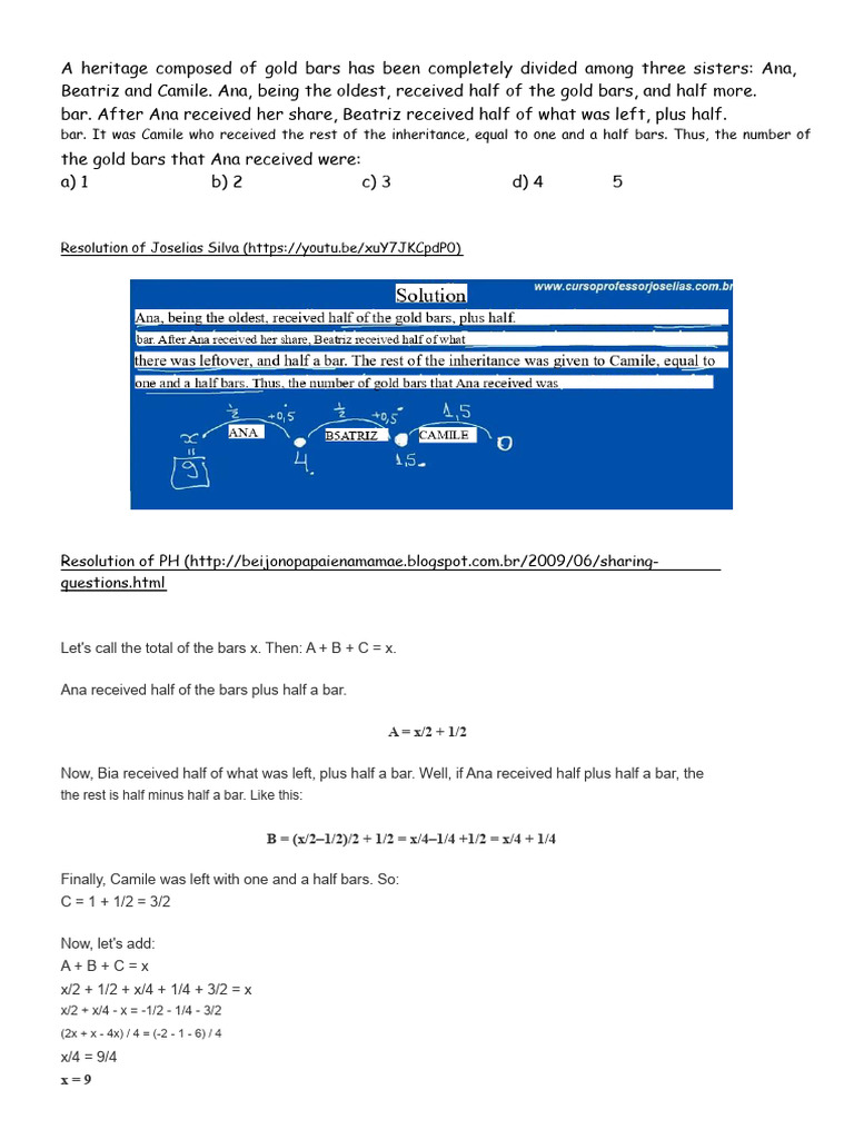 Question - An Inheritance Consisting of Gold Bars | PDF | Mathematics ...