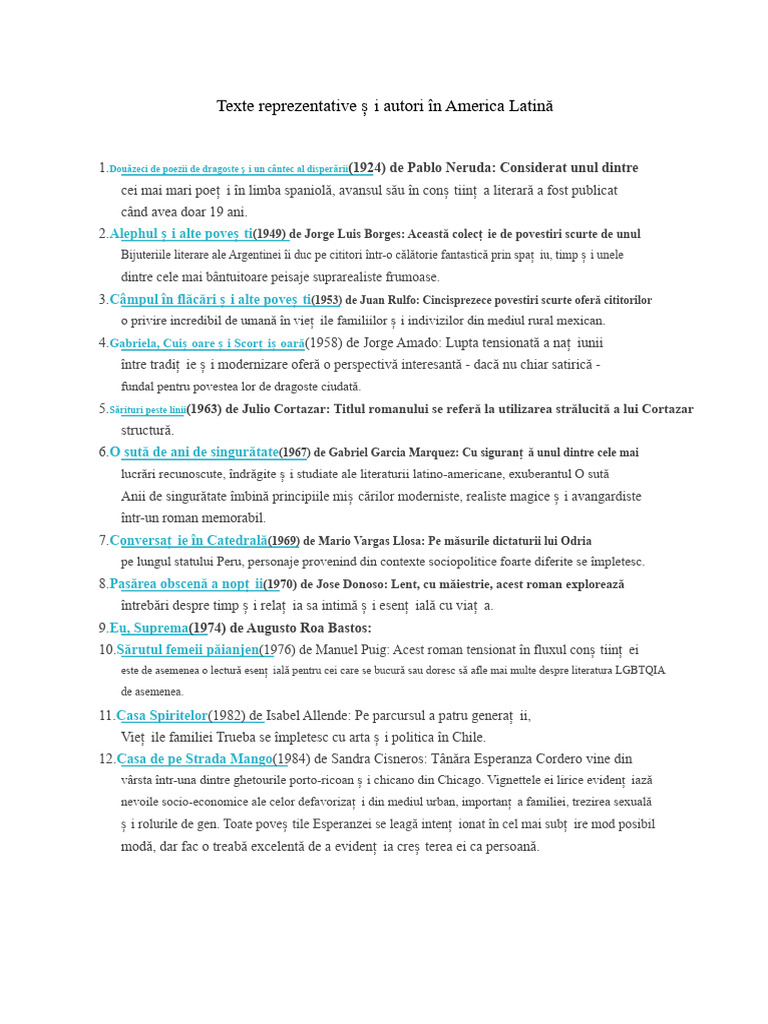 Autorii Celebri Din America Latină Și Texte Reprezentative | PDF