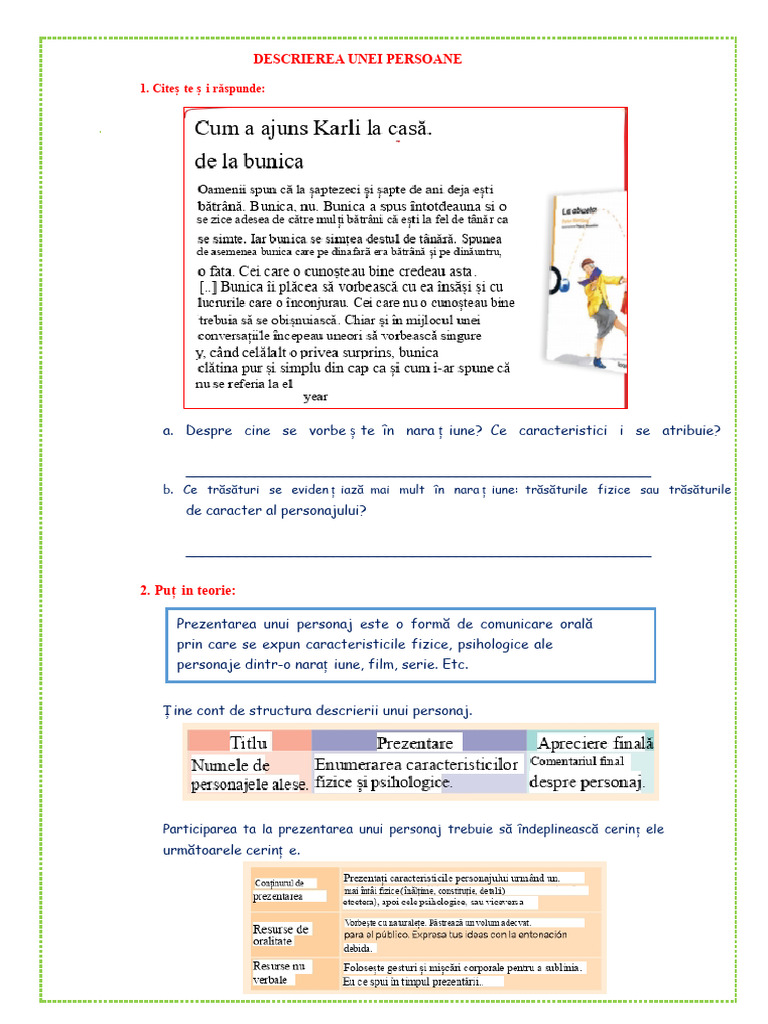 Descrierea Unui Personaj - Clasa A 5-A | PDF