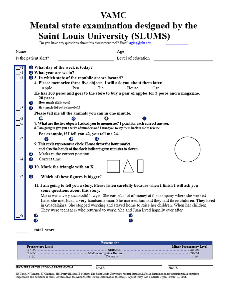 SLUMS Examination Overview in Spanish | PDF | Psychology | Behavioural ...