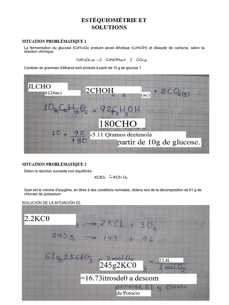 Estéquiométrie : Calculs de solutions et réactions | PDF