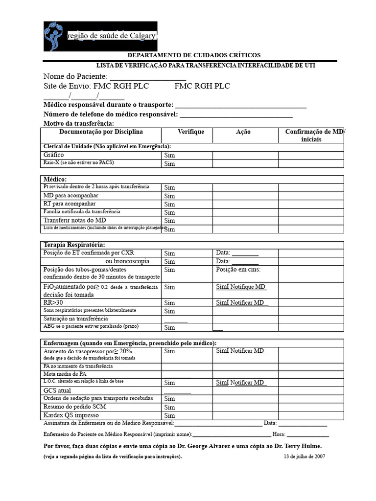 Checklist de Transferência UTI | PDF | Unidade de Tratamento Intensivo ...