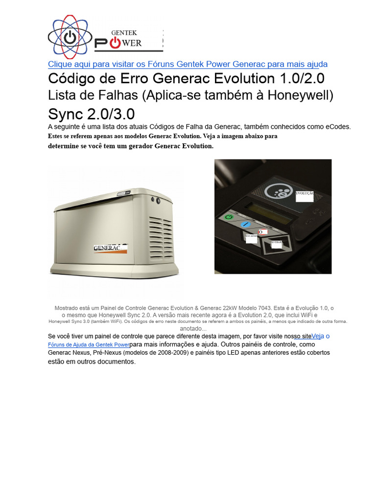 Códigos de Erro do Gerador Generac | PDF | Motores | Frequência