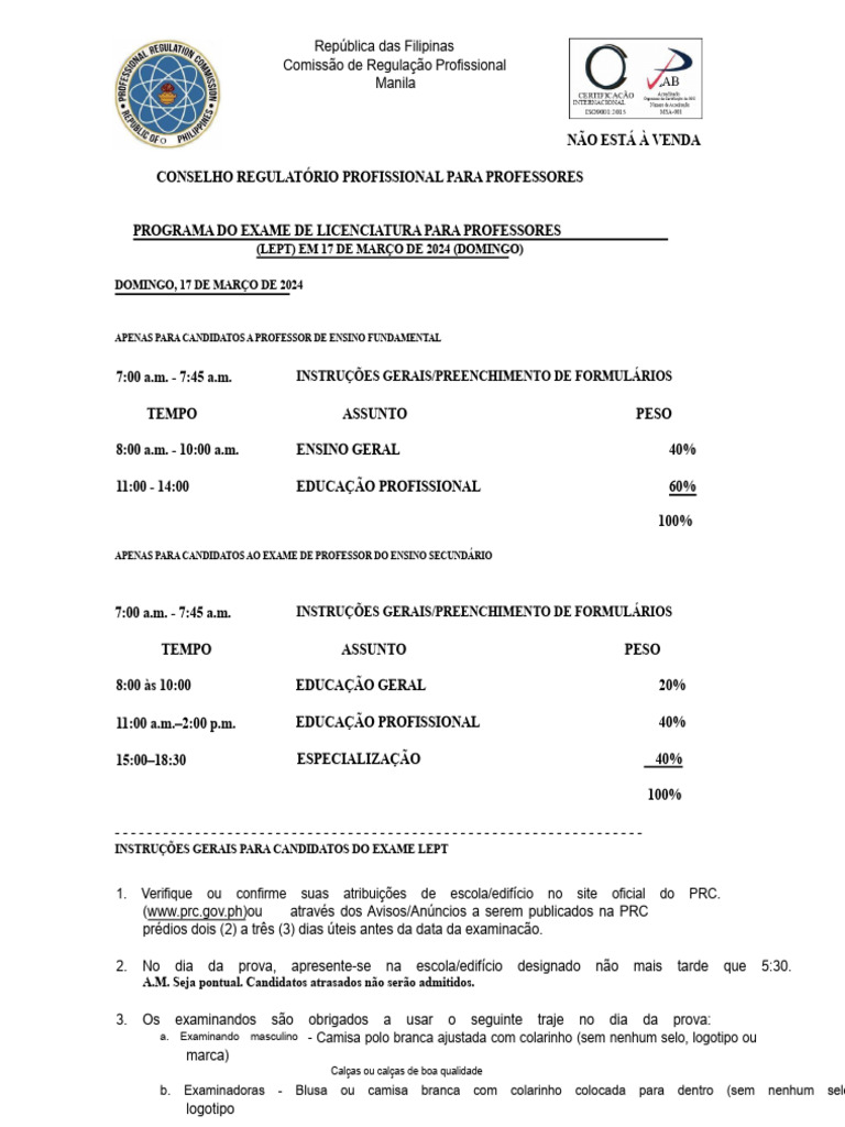 Programa do Exame LEPT 2024 para Professores | PDF | Faculdade | Bluetooth