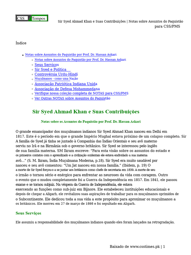Sir Syed Ahmad Khan e Suas Contribuições - Notas Sobre Assuntos Do ...