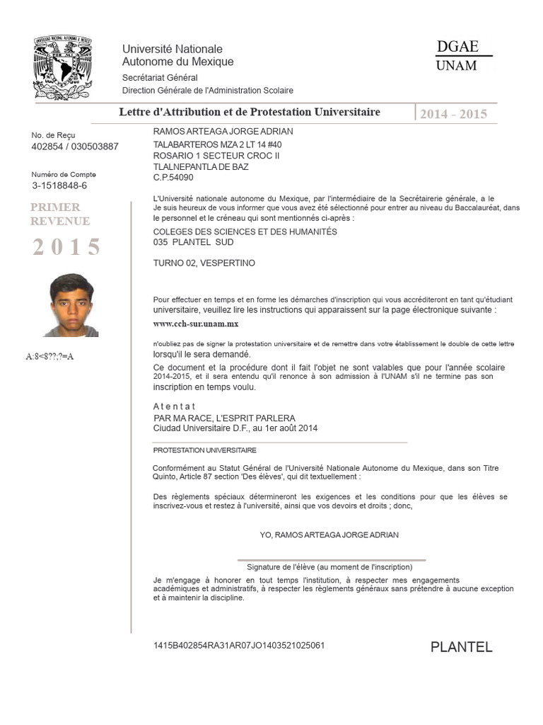 Lettre d'Admission UNAM 2014-2015 | PDF
