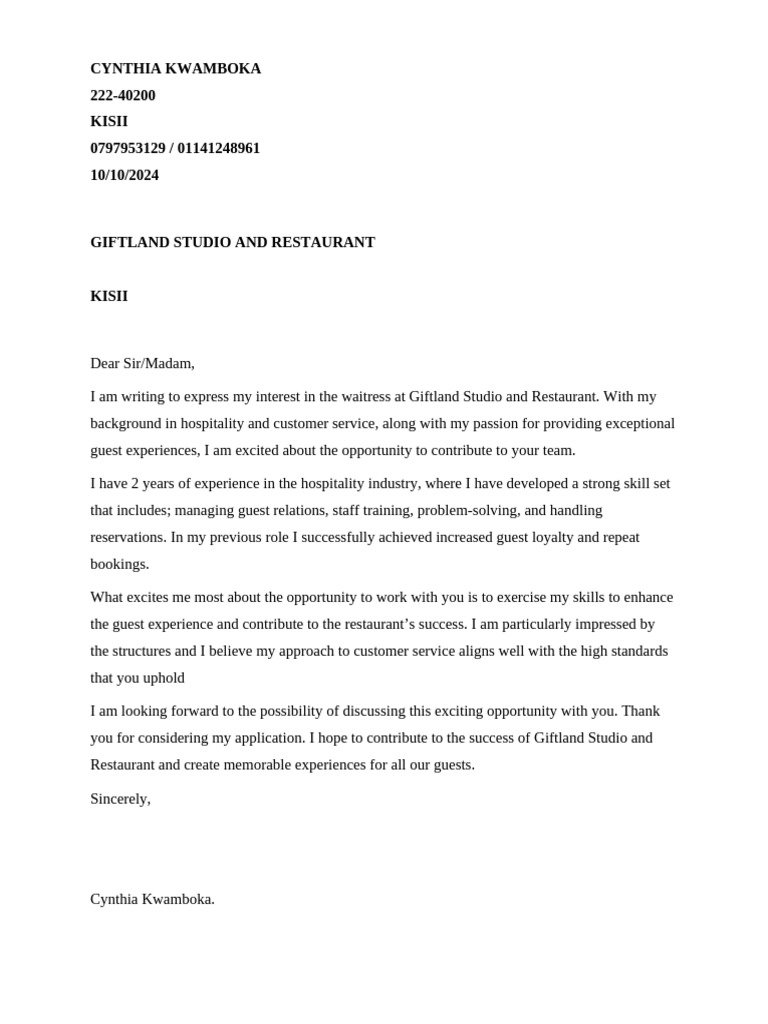 Waitress Application for Giftland Studio | PDF