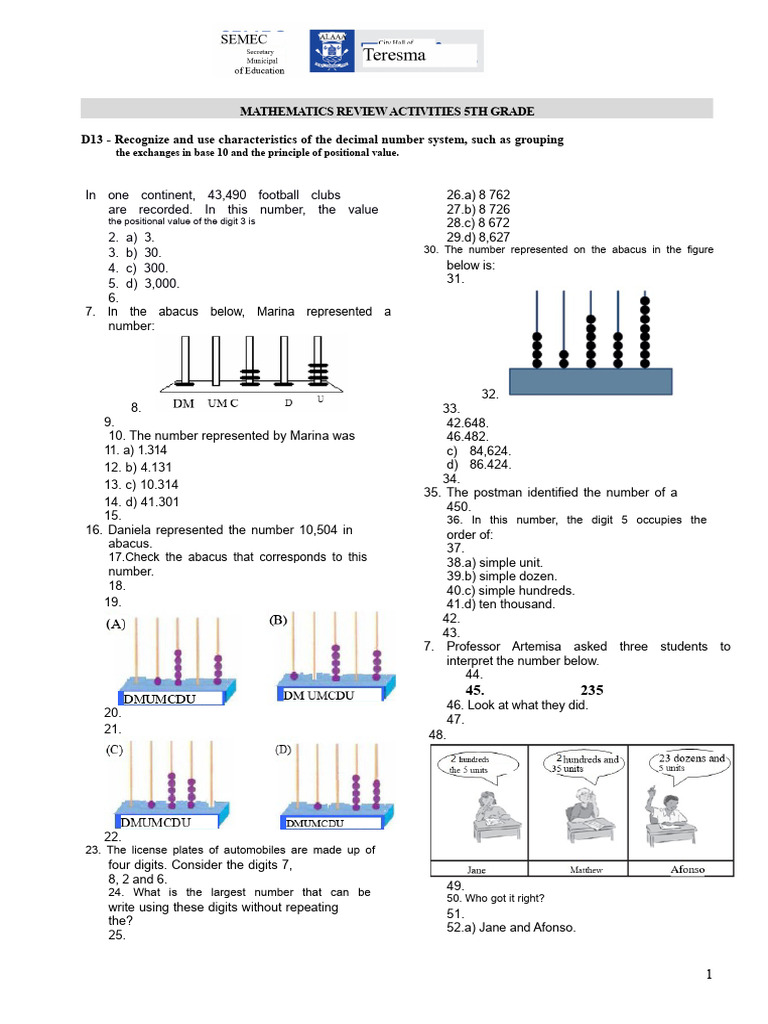 5th Grade Math Review Activities | PDF