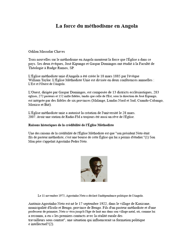 Force et impact du méthodisme en Angola | PDF | Angola | Évêque