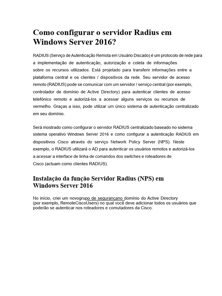 Configuração do Servidor RADIUS no Windows 2016 | PDF | Raio | Rede de ...