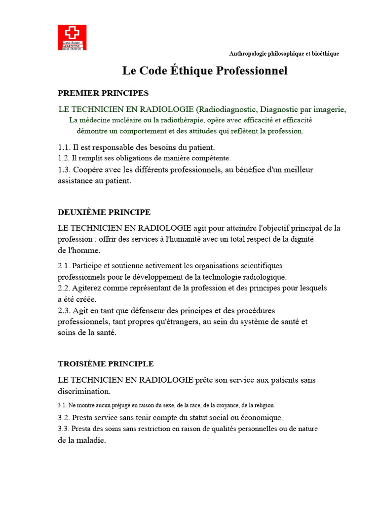 Code Éthique du Technicien en Radiologie PDF Radiologie Bioéthique — free download