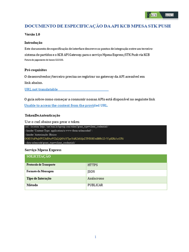 DOCUMENTO DE ESPECIFICAÇÃO DA API KCB MPESA STK PUSH | PDF ...