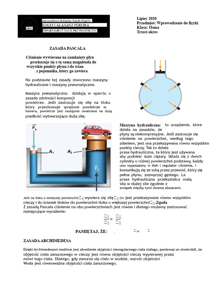 Warsztat Zasady Pascala I Archimedesa | PDF