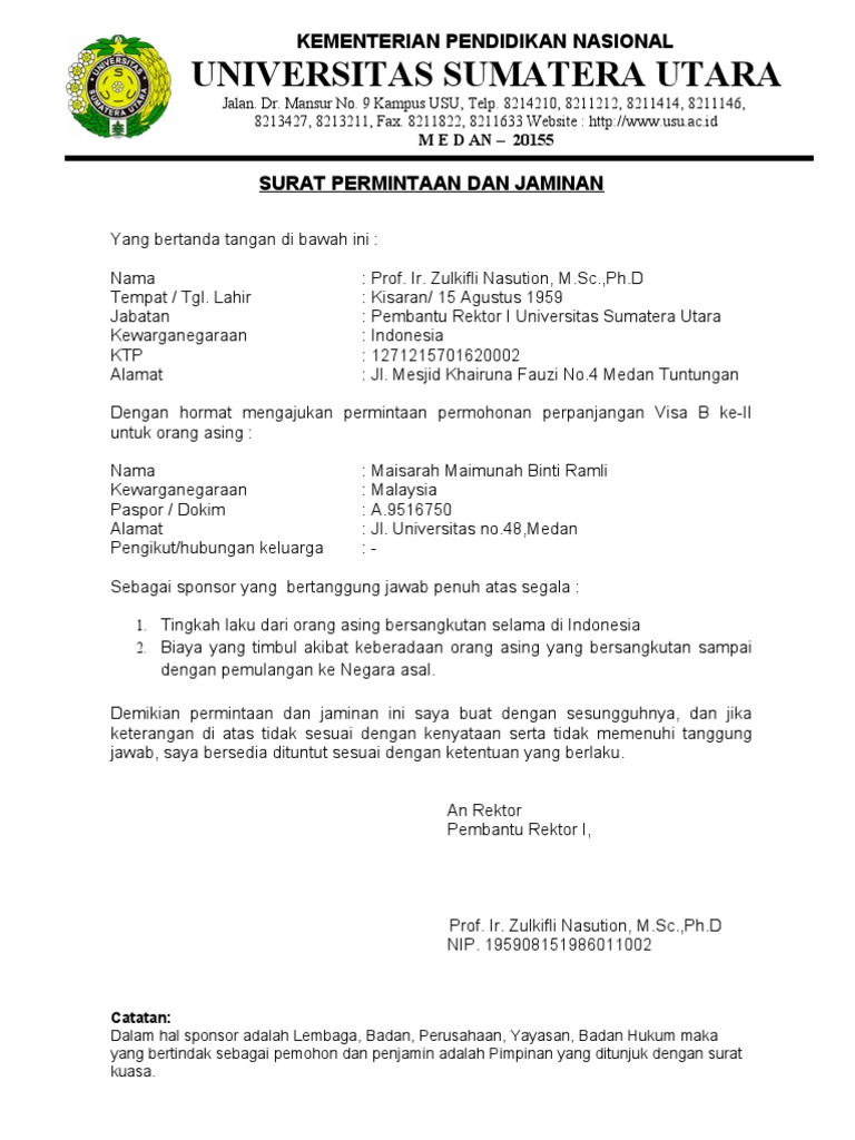 Contoh surat Jaminan