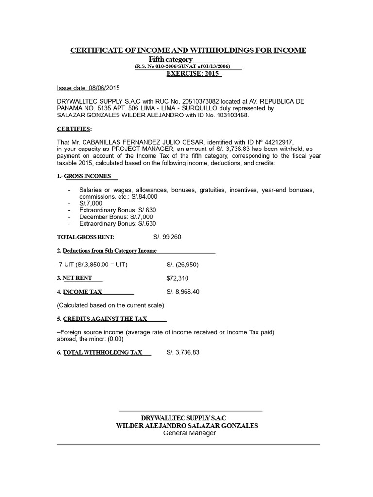 Fifth Category Income Certificate | PDF