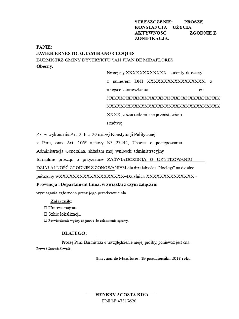 Proszę o Zaświadczenie o Użyciu Działalności Zgodnie Z Planem ...