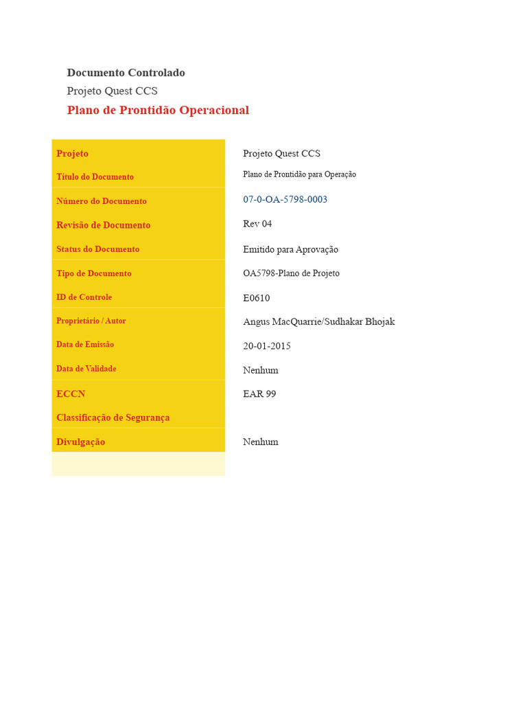 Plano de Prontidão Operacional Quest CCS | PDF | Despesa | Poço de petróleo