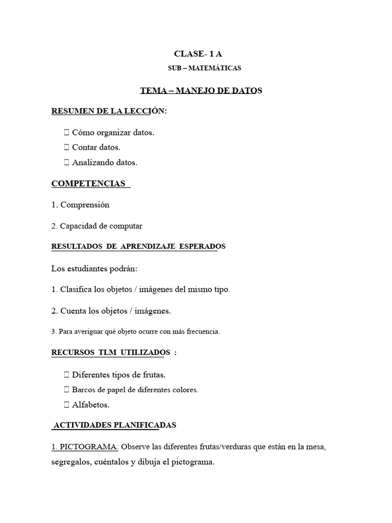 Plan de Lección de Manejo de Datos Clase 1 | PDF