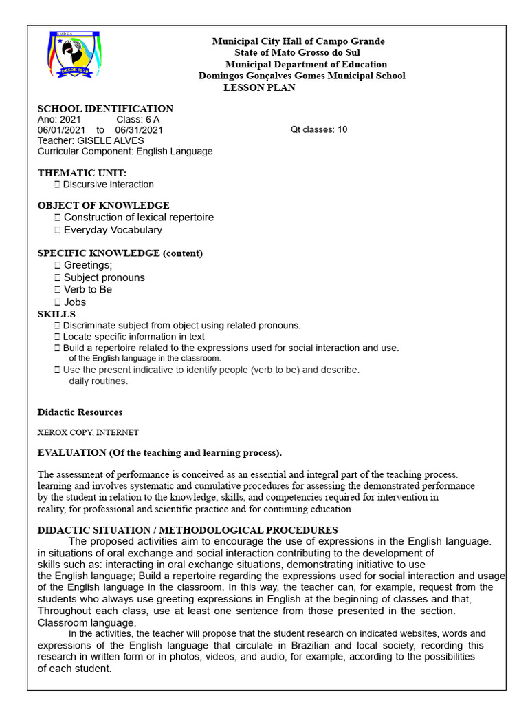 English Lesson Plan for 6th Grade | PDF | English Language | Lesson Plan