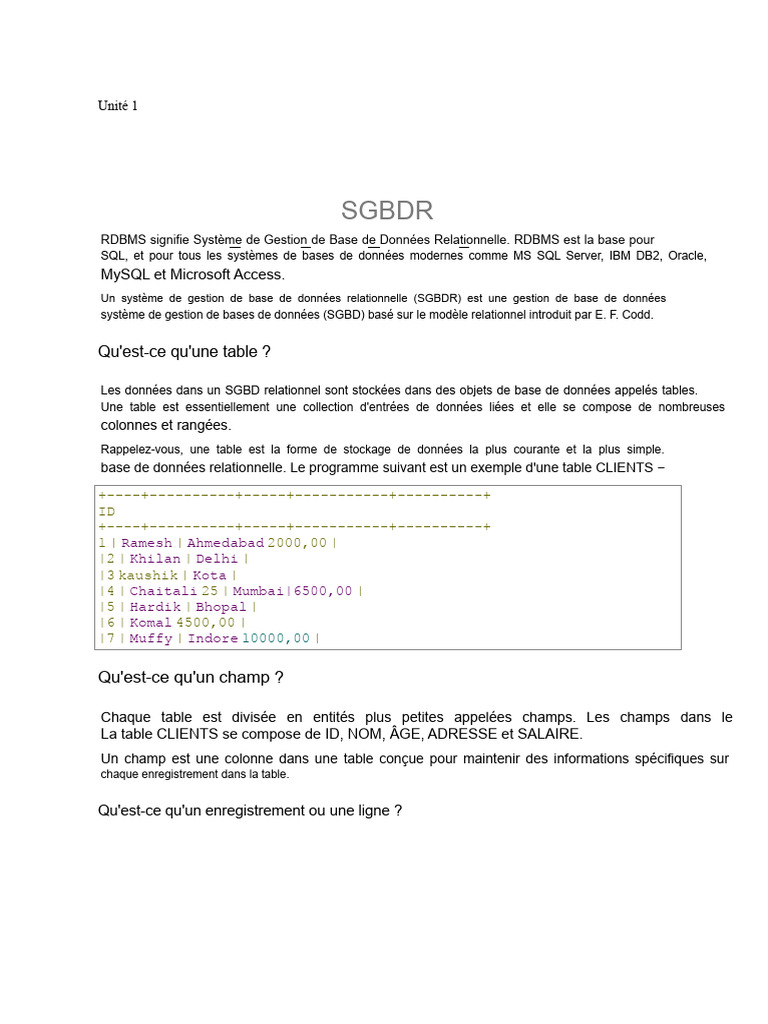 Introduction aux SGBDR et tables | PDF | Bases de données | Base de ...