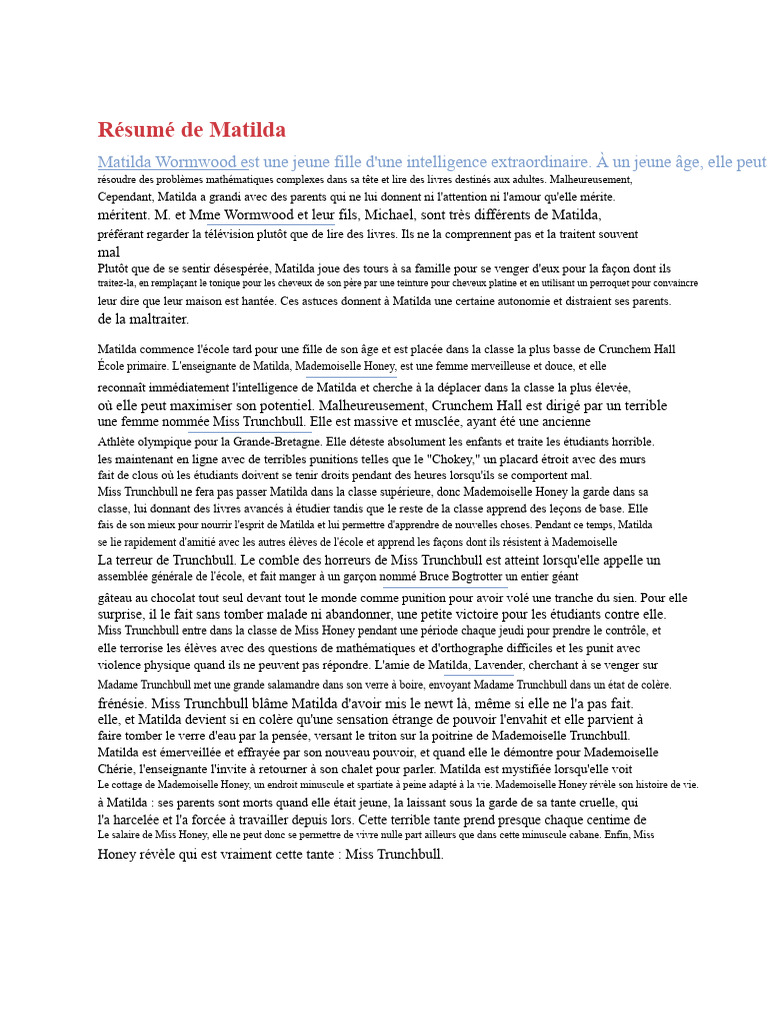 Résumé de Matilda : Intelligence et Résilience | PDF | Romans adaptés ...
