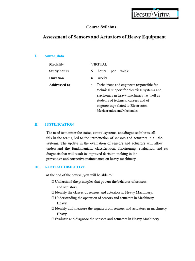 Evaluation of Sensors and Actuators of Heavy Equipment - Syllabus | PDF ...