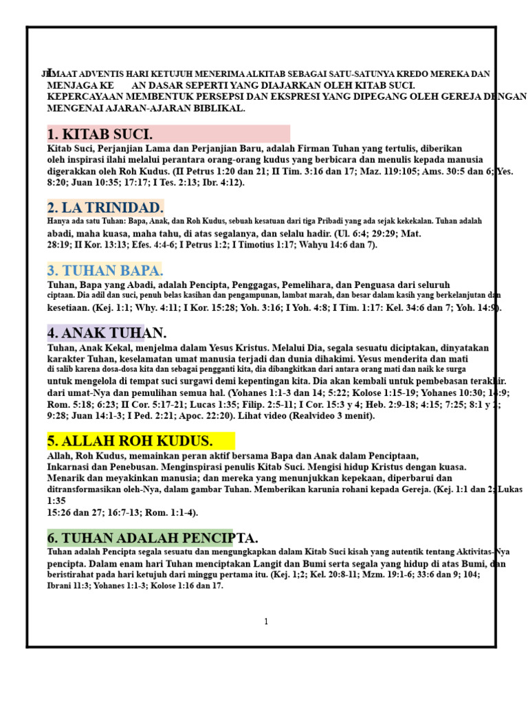 28 Keyakinan Adventis Hari Ketujuh 1. | PDF