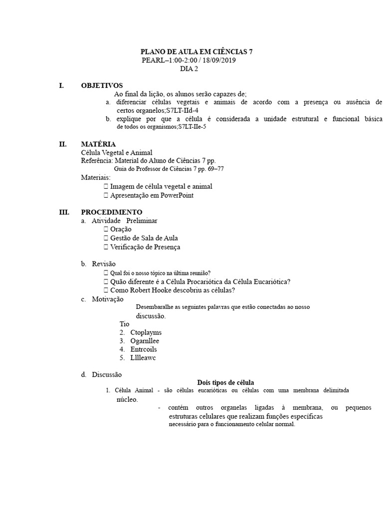 Plano de Aula em Ciências 7 Célula Vegetal e Animal d2 | PDF | Célula ...